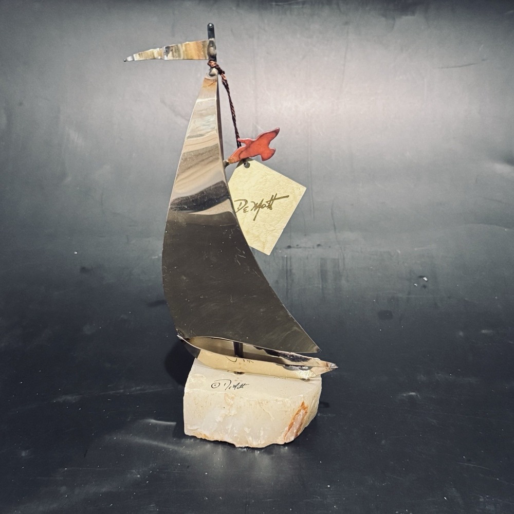 1975 John DeMott Brass Single Sail Sailboat Sculpture Base Signed W Original Tag